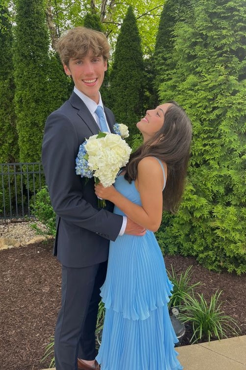 Dreamy Sky Blue Chiffon Prom Dress with Sweetheart Neck, Tiered Ruffles and Open Back by JiMiss Dresses