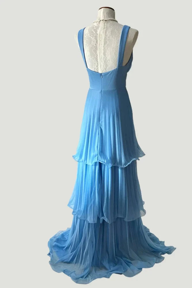 Dreamy Sky Blue Chiffon Prom Dress with Sweetheart Neck, Tiered Ruffles and Open Back by JiMiss Dresses