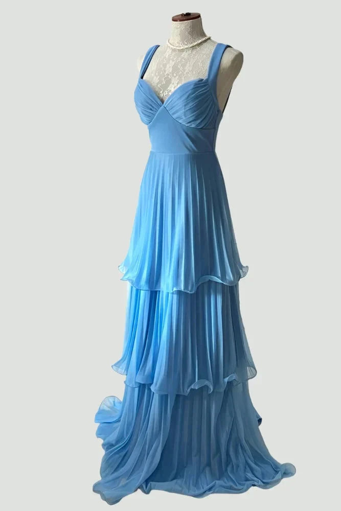 Dreamy Sky Blue Chiffon Prom Dress with Sweetheart Neck, Tiered Ruffles and Open Back by JiMiss Dresses