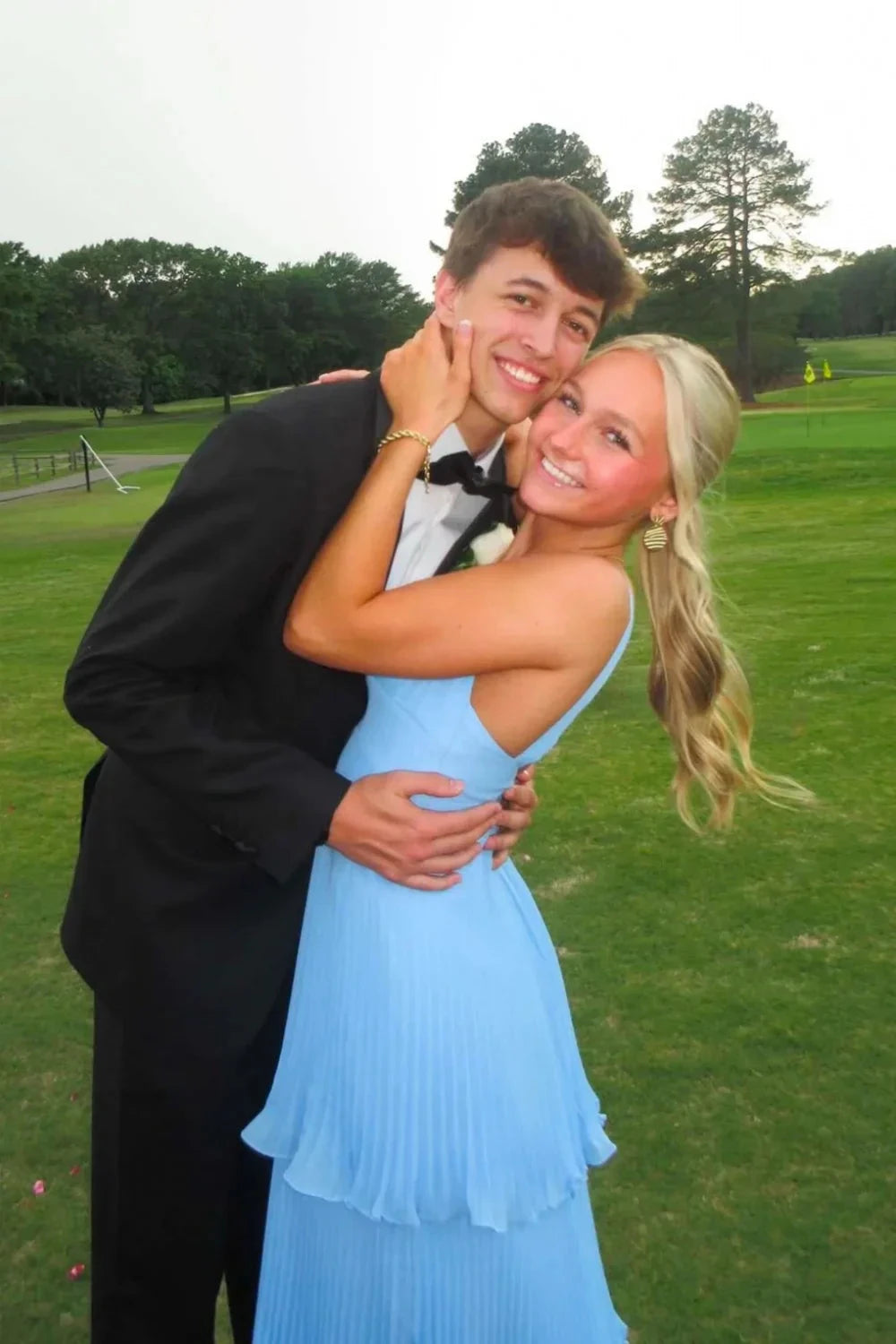 Dreamy Sky Blue Chiffon Prom Dress with Sweetheart Neck, Tiered Ruffles and Open Back by JiMiss Dresses