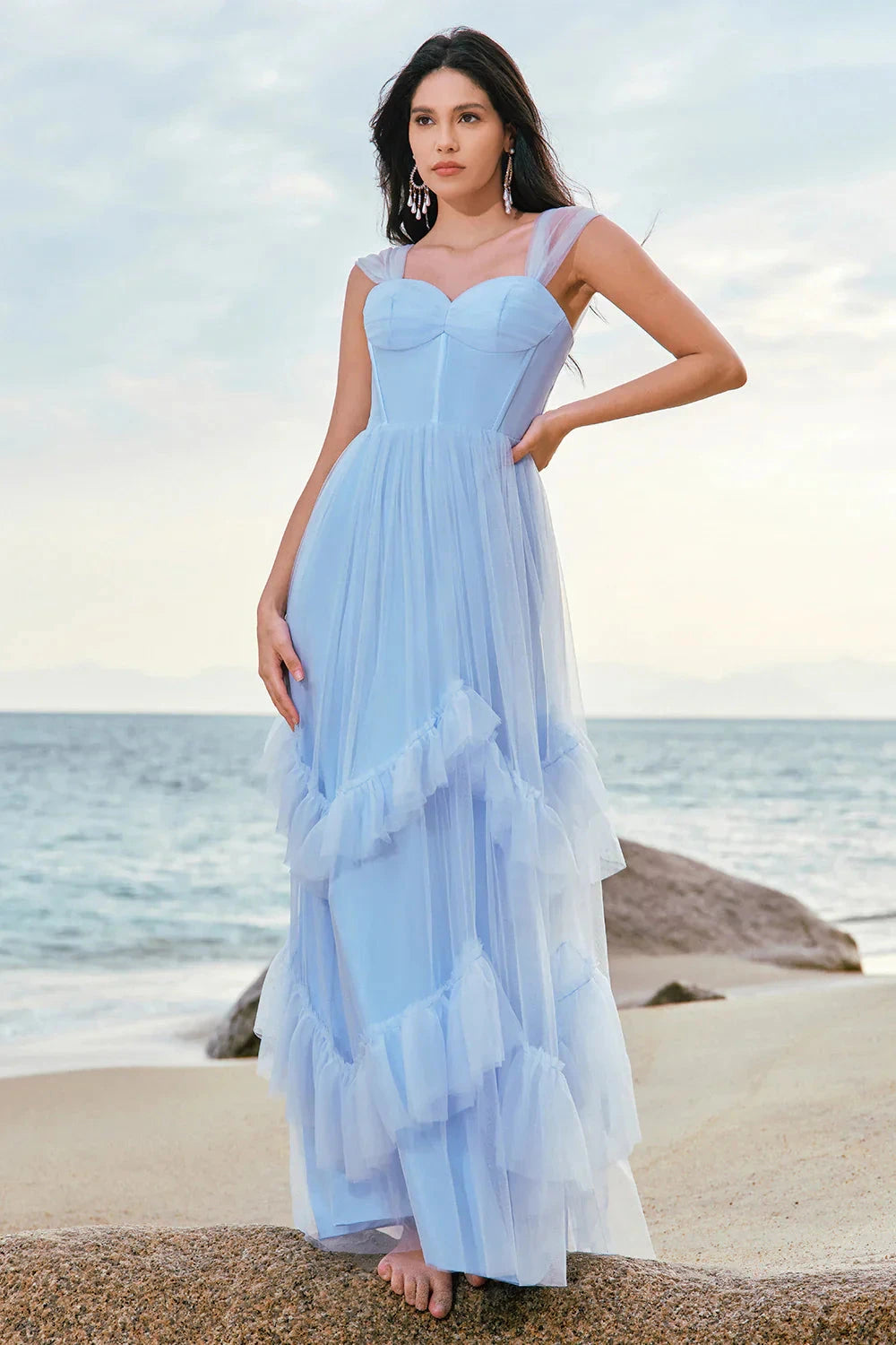 Dreamy Tulle A-Line Sweetheart Neck Sheer Strap Zipper Back Floor-Length Evening Dress by LANQI DRESS