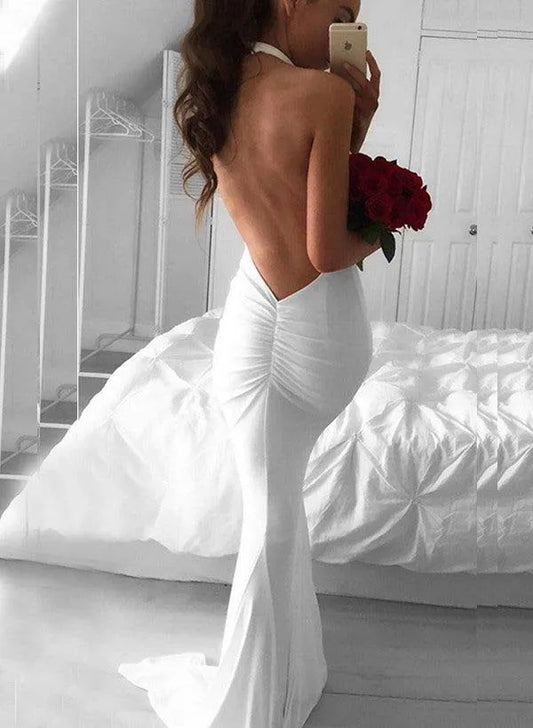 Mermaid Satin Open Back Ruched Wedding Dress - Yihuiw by Yihuiw