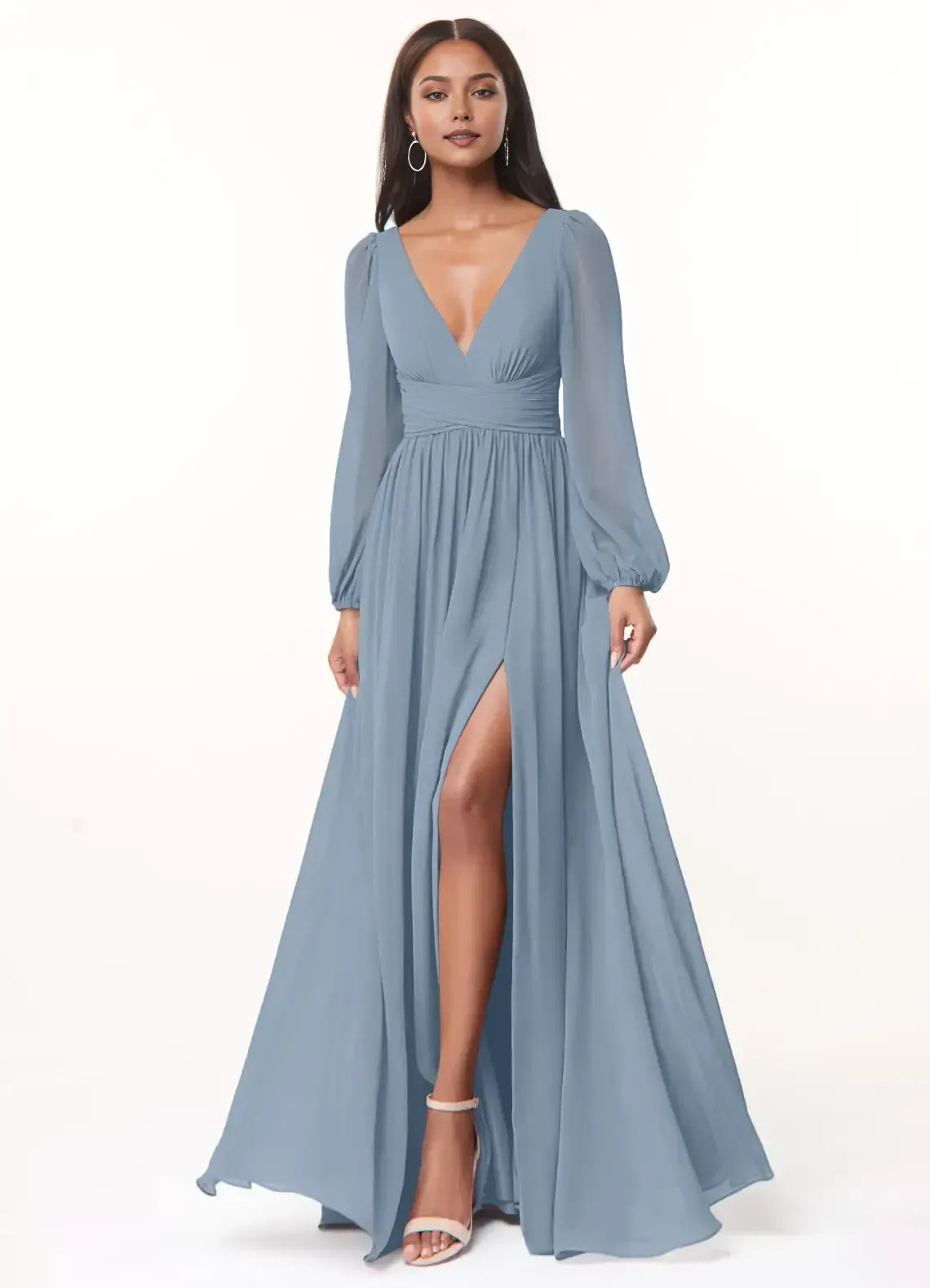 Blue A-Line V-Neck Long Sleeve High Slit Floor-Length Wedding Dress - Yihuiw by Yihuiw