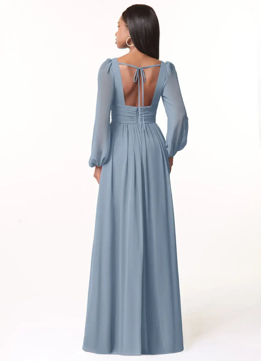 Blue A-Line V-Neck Long Sleeve High Slit Floor-Length Wedding Dress - Yihuiw by Yihuiw