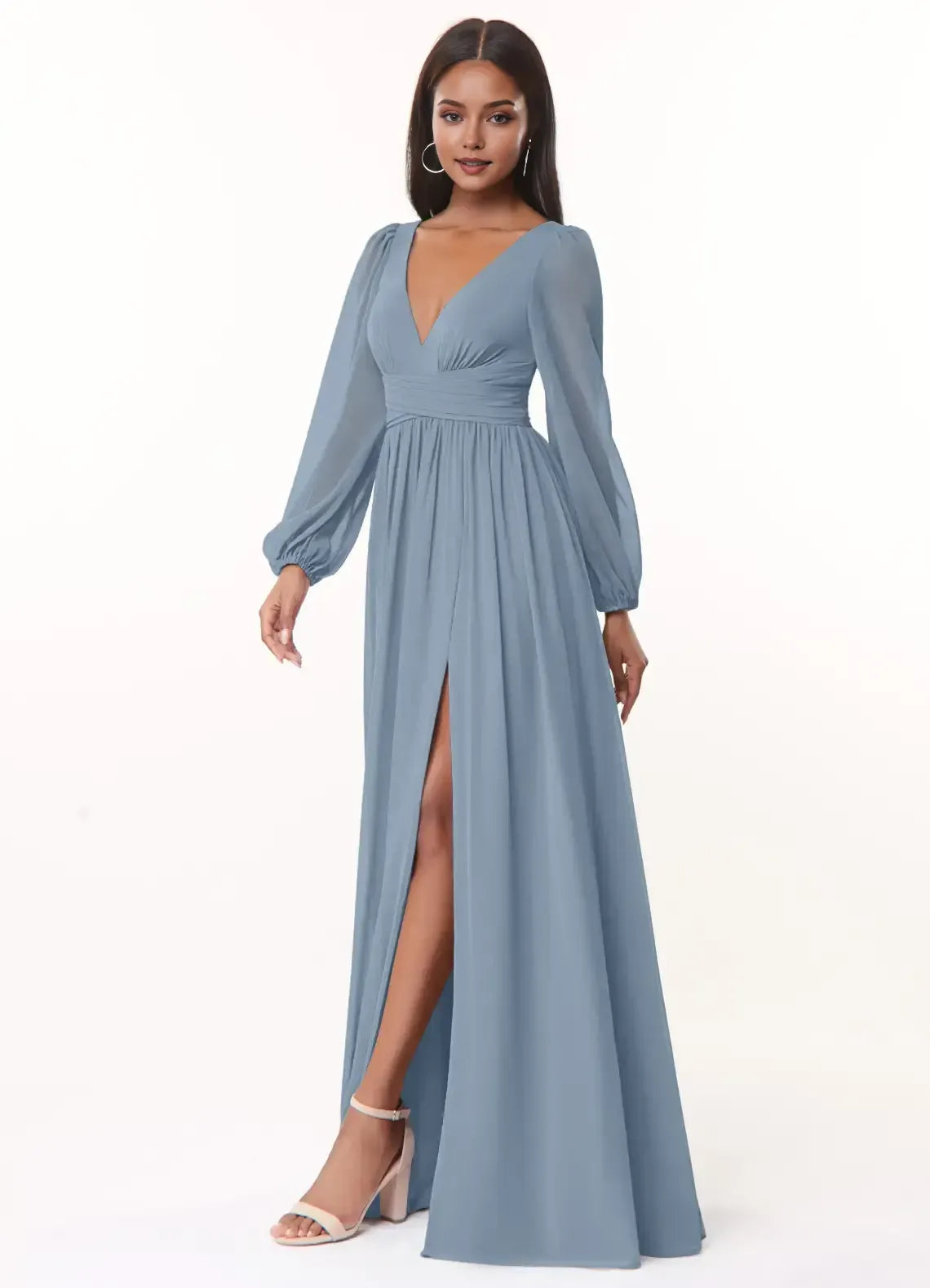 Blue A-Line V-Neck Long Sleeve High Slit Floor-Length Wedding Dress - Yihuiw by Yihuiw