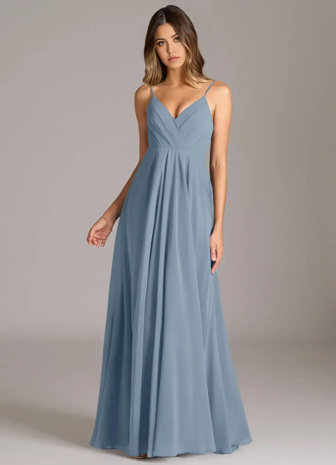 Blue A-Line V-Neck Floor-Length Wedding Dress - Yihuiw by Yihuiw
