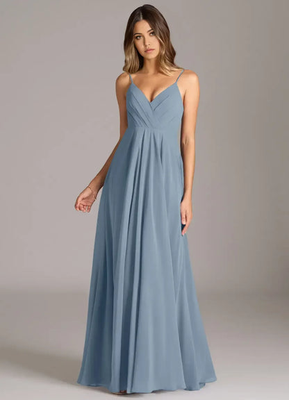 Blue A-Line V-Neck Floor-Length Wedding Dress - Yihuiw by Yihuiw