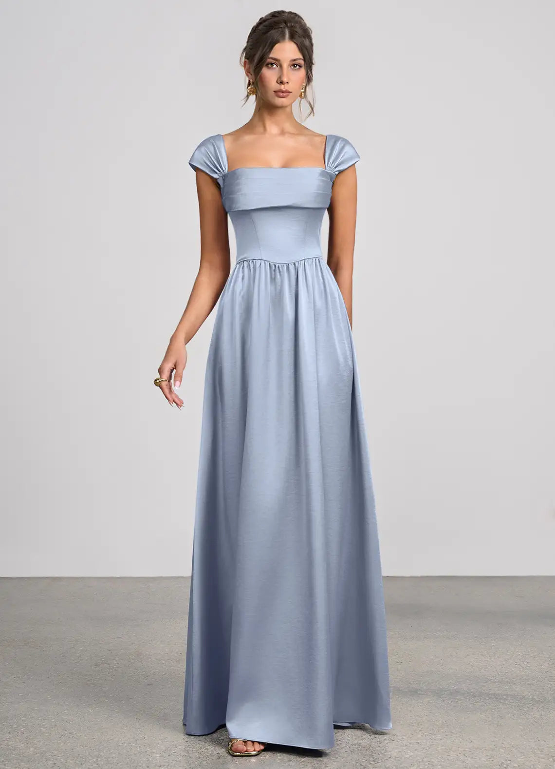 Blue Square Neck Satin Cap Sleeve Lace-Up Back Floor-Length Wedding Dress - Yihuiw by Yihuiw