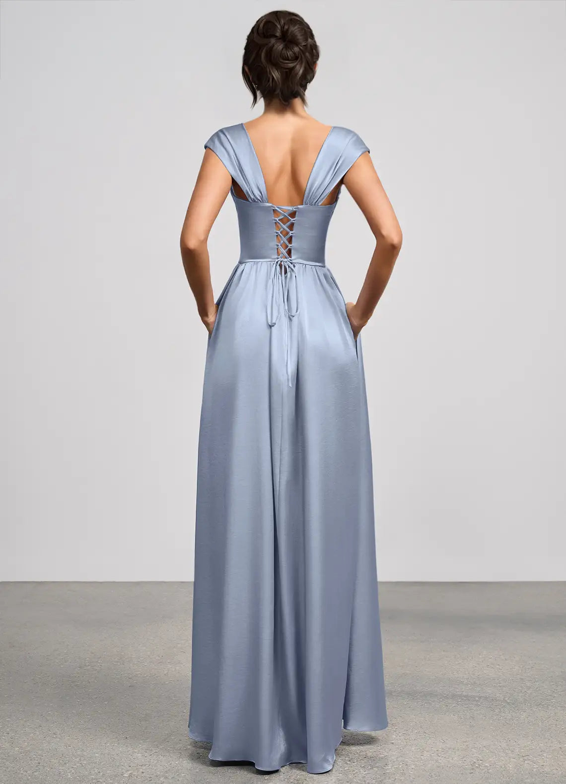 Blue Square Neck Satin Cap Sleeve Lace-Up Back Floor-Length Wedding Dress - Yihuiw by Yihuiw