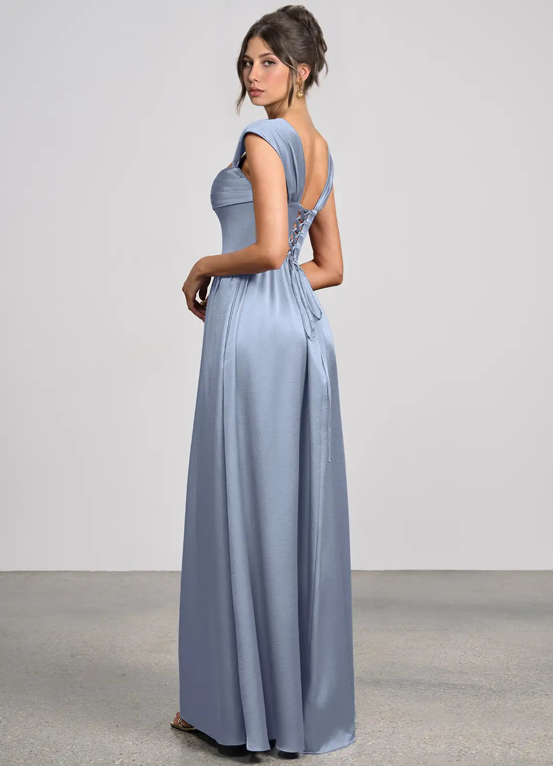 Blue Square Neck Satin Cap Sleeve Lace-Up Back Floor-Length Wedding Dress - Yihuiw by Yihuiw