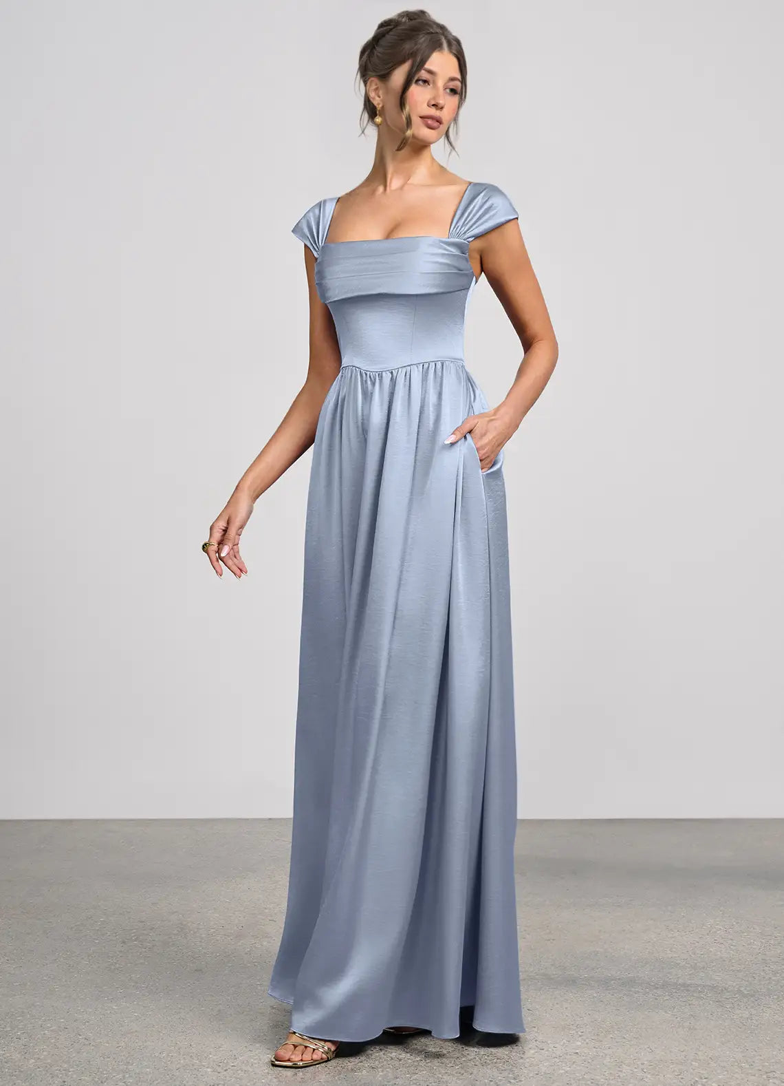 Blue Square Neck Satin Cap Sleeve Lace-Up Back Floor-Length Wedding Dress - Yihuiw by Yihuiw