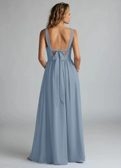Dusty Blue Chiffon V-Neck Maxi Dress with Bow Back and Side Slit Blue A-Line V-Neck Pleated Chiffon Dress Bridesmaid Dresses by YiHuiw