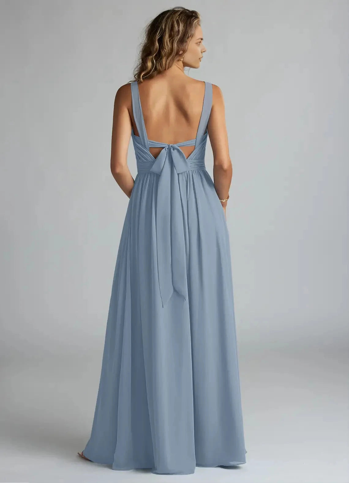 Dusty Blue Chiffon V-Neck Maxi Dress with Bow Back and Side Slit Blue A-Line V-Neck Pleated Chiffon Dress Bridesmaid Dresses by YiHuiw