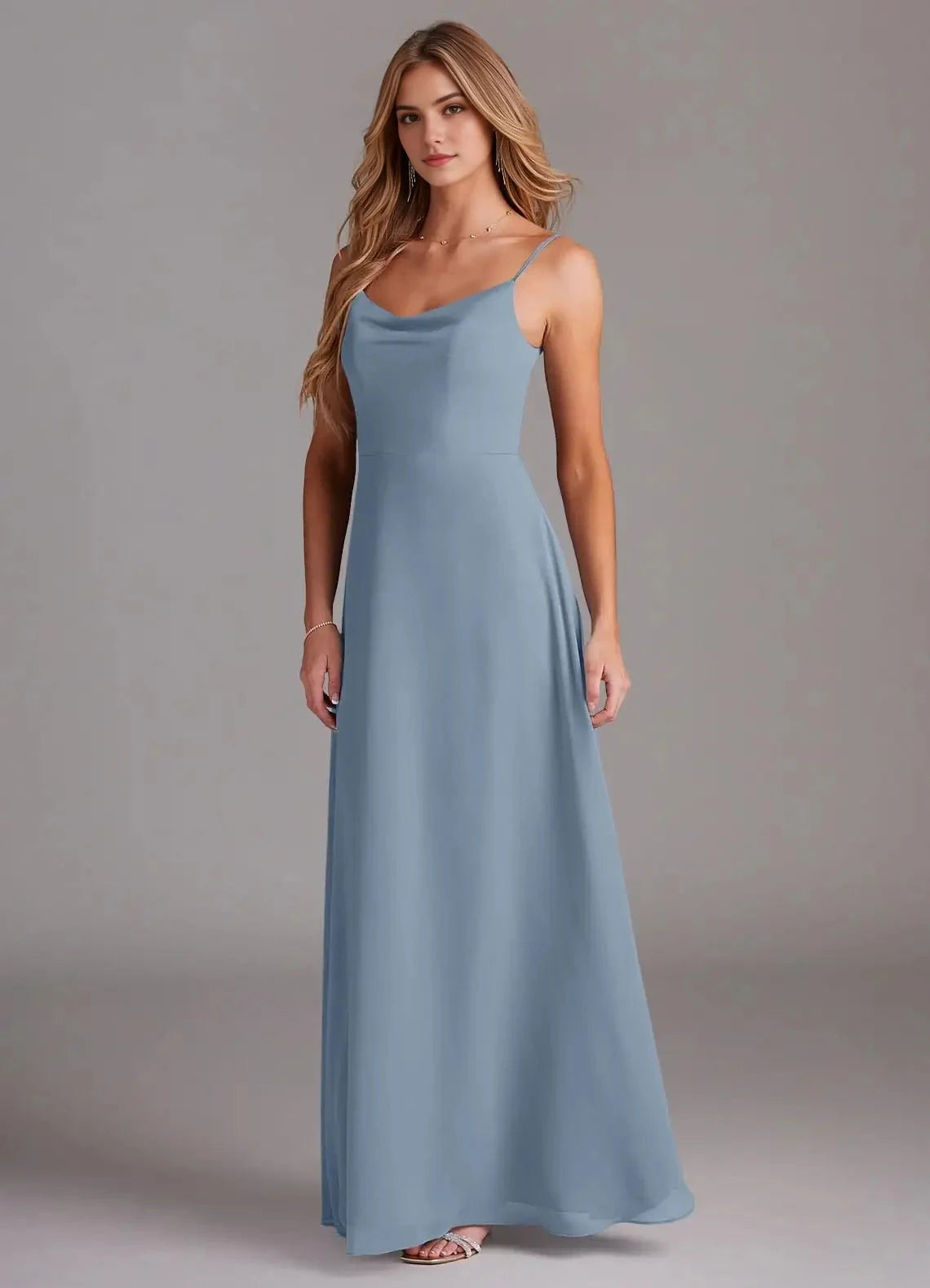 Dusty Blue Cowl Neck Maxi Dress with Spaghetti Straps Blue A-Line Cowl Chiffon Dress Bridesmaid Dresses by YiHuiw