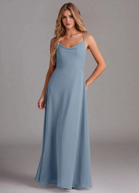 Dusty Blue Cowl Neck Maxi Dress with Spaghetti Straps Blue A-Line Cowl Chiffon Dress Bridesmaid Dresses by YiHuiw
