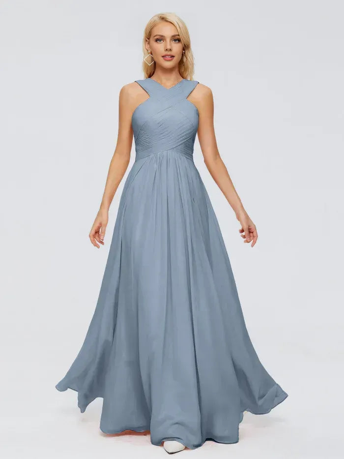 Blue A-Line Halter Chiffon Pleated Floor-Length Wedding Dress - Yihuiw by Yihuiw