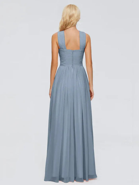 Blue A-Line Halter Chiffon Pleated Floor-Length Wedding Dress - Yihuiw by Yihuiw