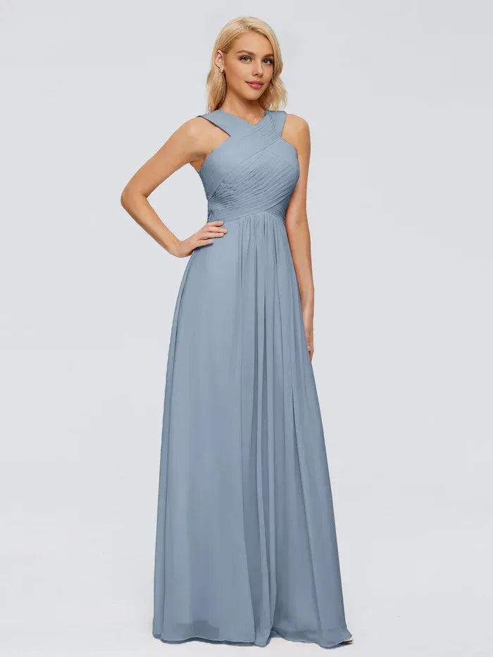Blue A-Line Halter Chiffon Pleated Floor-Length Wedding Dress - Yihuiw by Yihuiw