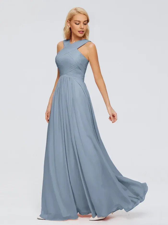 Blue A-Line Halter Chiffon Pleated Floor-Length Wedding Dress - Yihuiw by Yihuiw