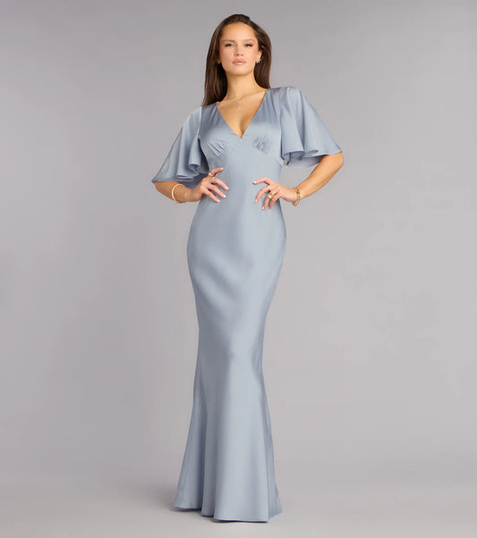 Blue Mermaid V-Neck Satin Cutout Floor-Length Wedding Dress - Yihuiw by Yihuiw