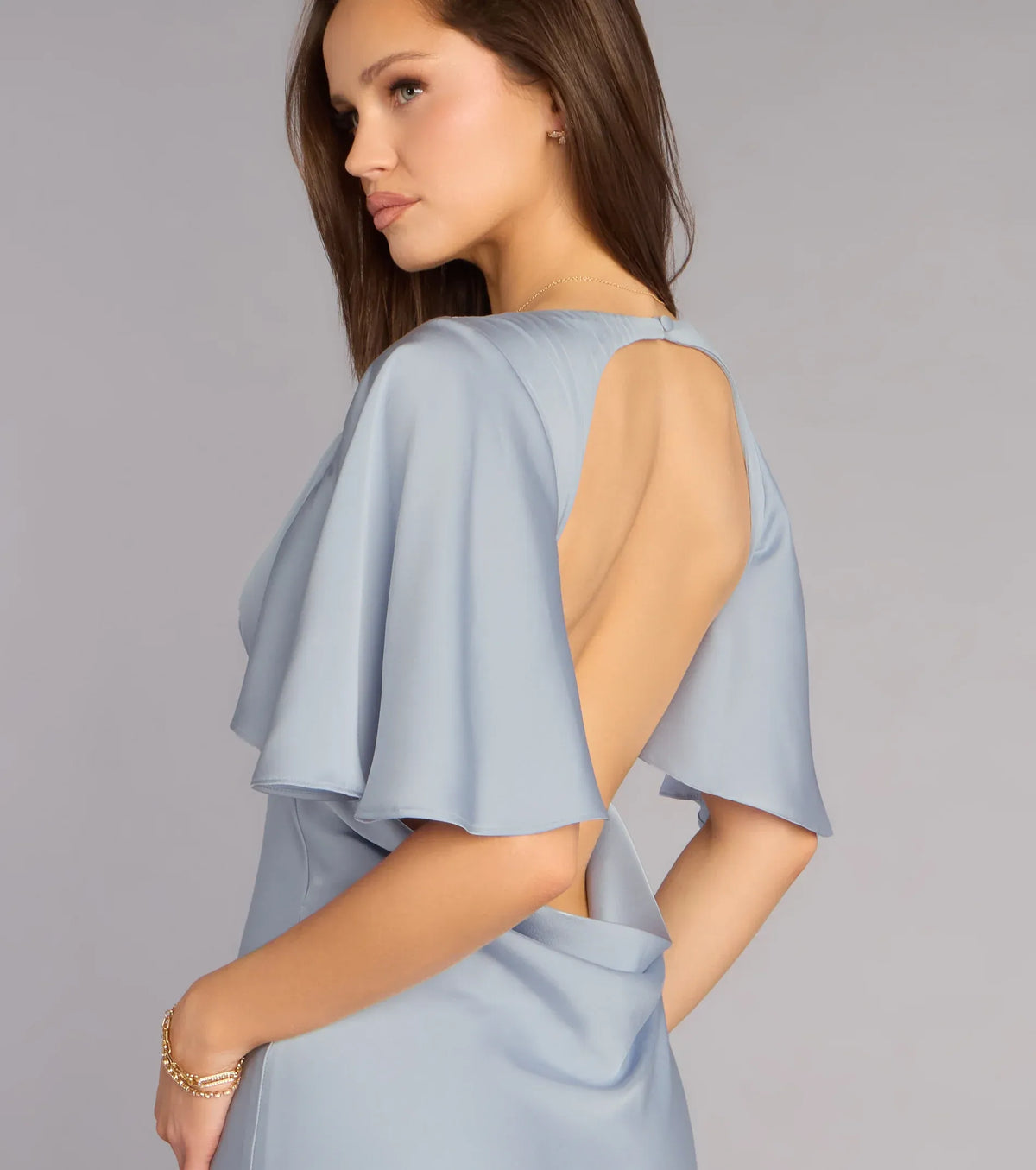 Blue Mermaid V-Neck Satin Cutout Floor-Length Wedding Dress - Yihuiw by Yihuiw