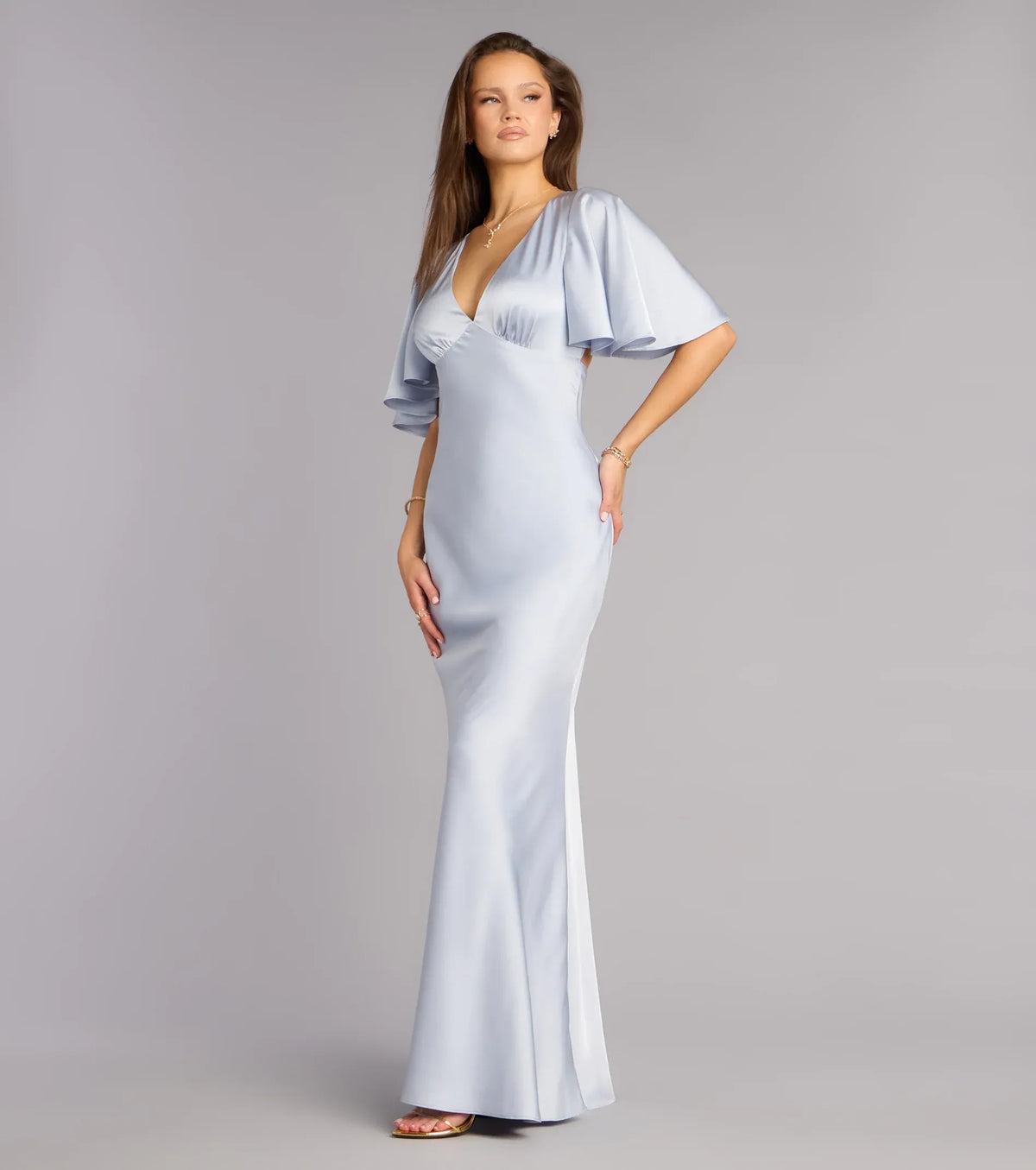 Blue Mermaid V-Neck Satin Cutout Floor-Length Wedding Dress - Yihuiw by Yihuiw