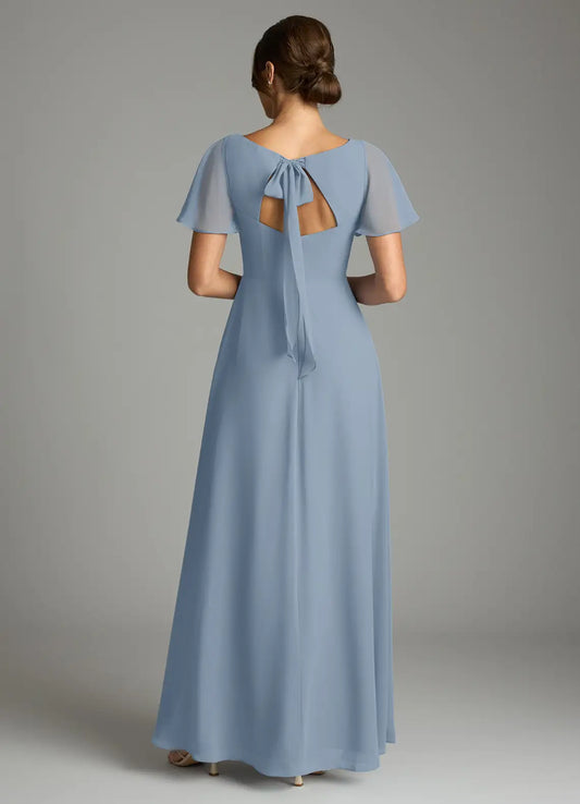 Blue A-Line V-Neck Chiffon High Slit Floor-Length Wedding Dress - Yihuiw by Yihuiw