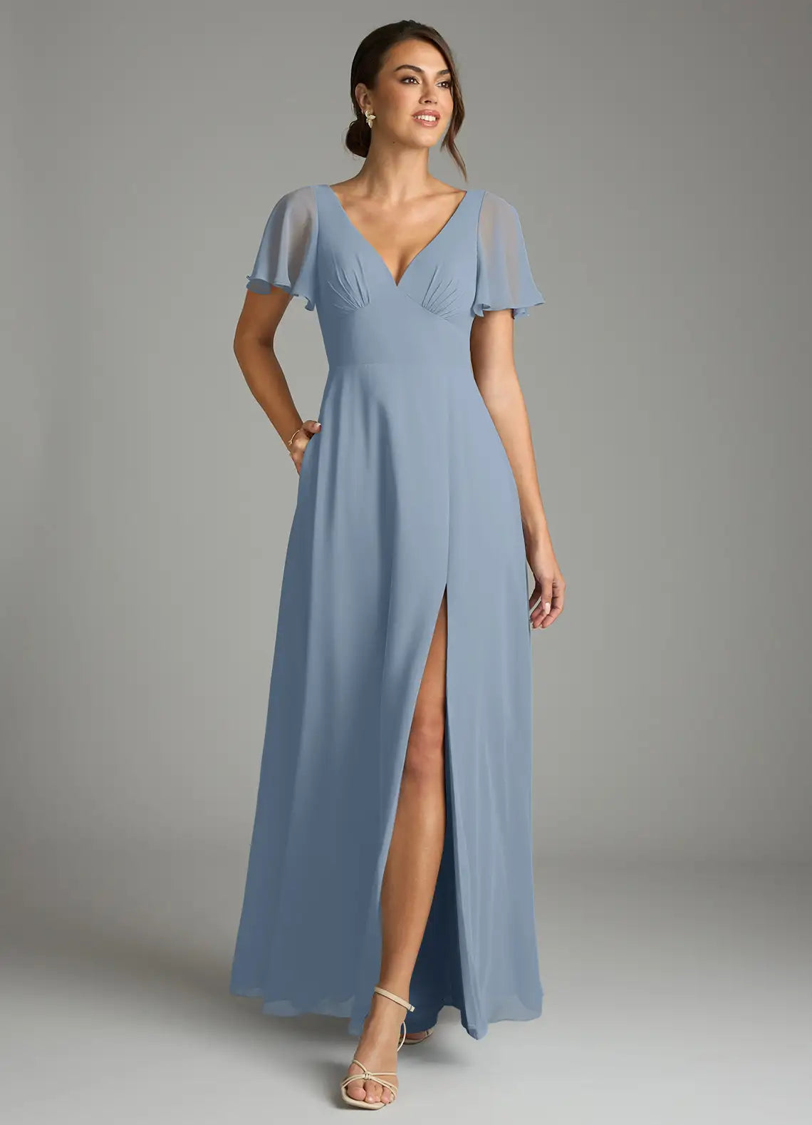 Blue A-Line V-Neck Chiffon High Slit Floor-Length Wedding Dress - Yihuiw by Yihuiw