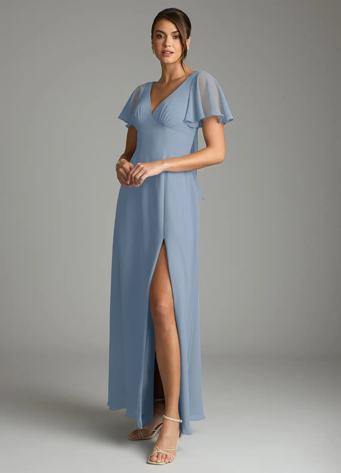 Blue A-Line V-Neck Chiffon High Slit Floor-Length Wedding Dress - Yihuiw by Yihuiw