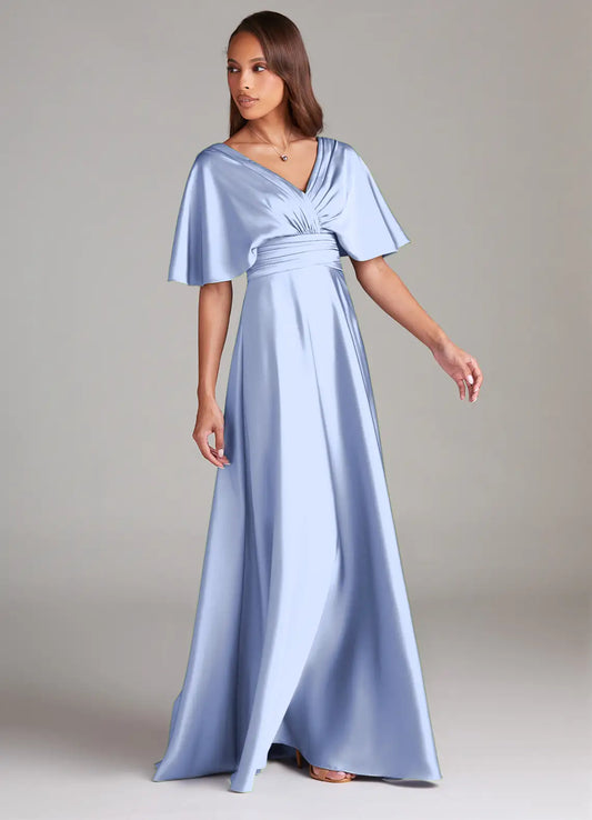 Blue A-Line V-Neck Satin Ruched Floor-Length Wedding Dress - Yihuiw by Yihuiw
