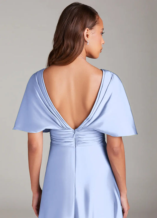 Blue A-Line V-Neck Satin Ruched Floor-Length Wedding Dress - Yihuiw by Yihuiw