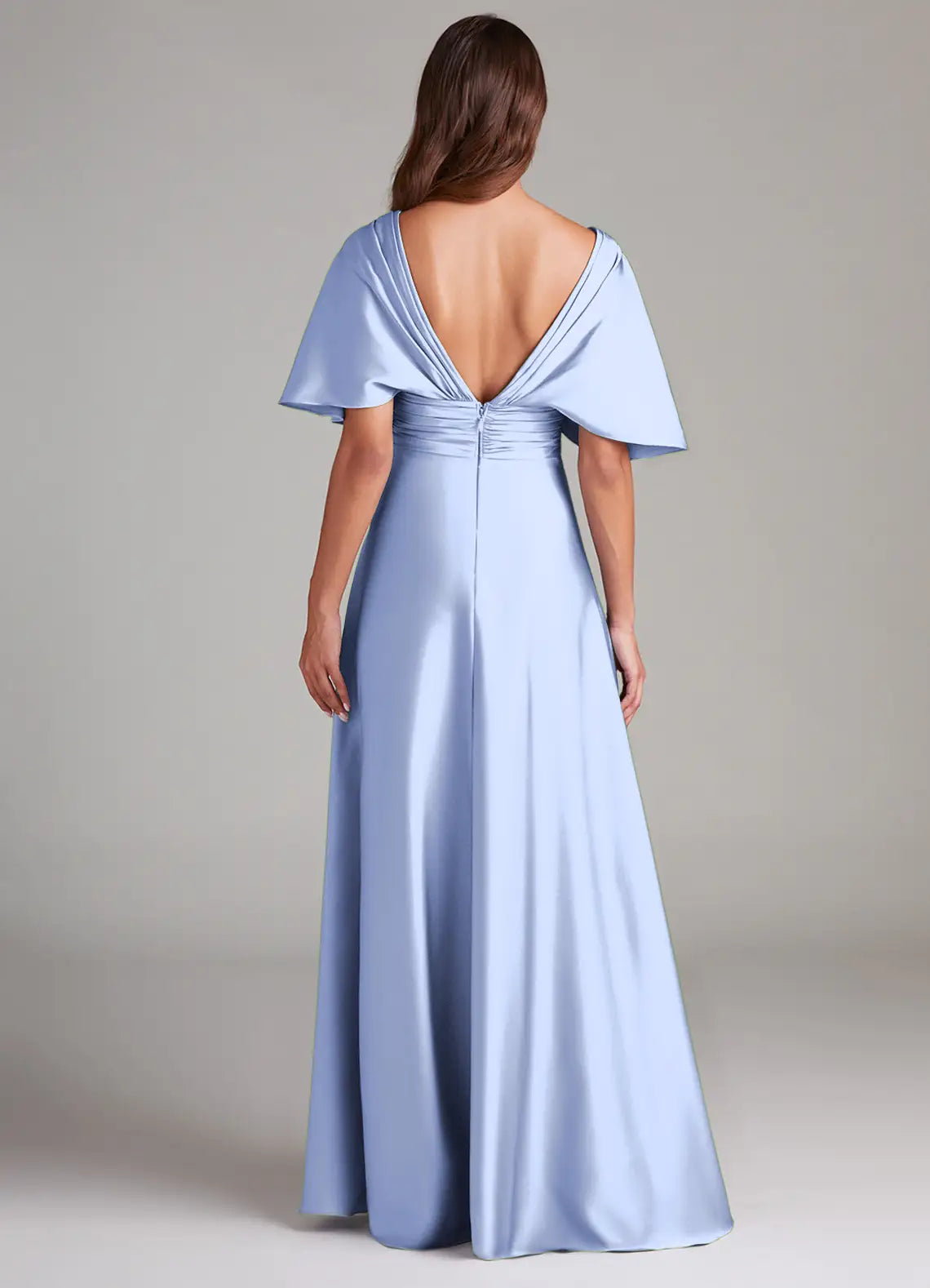 Blue A-Line V-Neck Satin Ruched Floor-Length Wedding Dress - Yihuiw by Yihuiw
