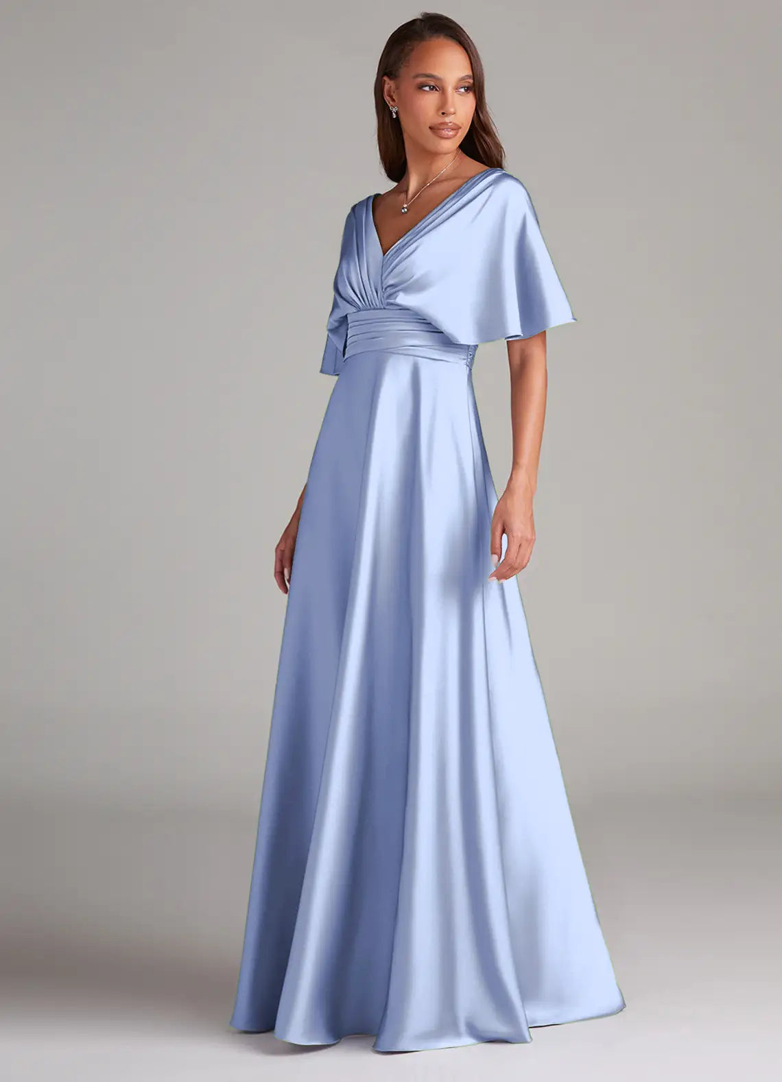 Blue A-Line V-Neck Satin Ruched Floor-Length Wedding Dress - Yihuiw by Yihuiw