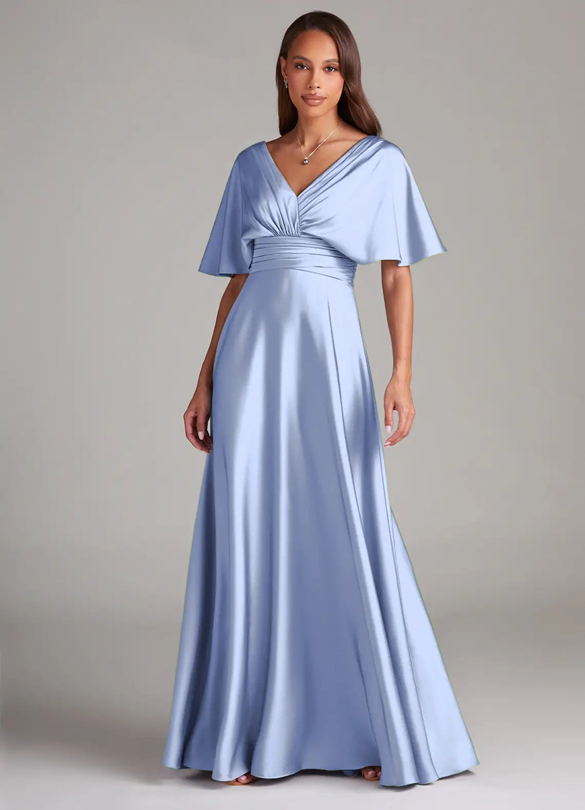 Blue A-Line V-Neck Satin Ruched Floor-Length Wedding Dress - Yihuiw by Yihuiw