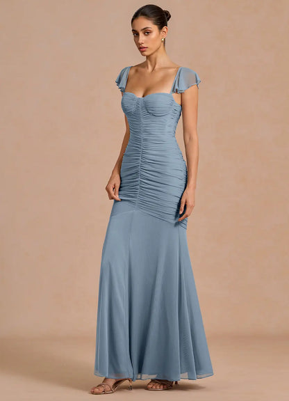 Blue Mermaid Sweetheart Mesh Ruched Floor-Length Wedding Dress - Yihuiw by Yihuiw