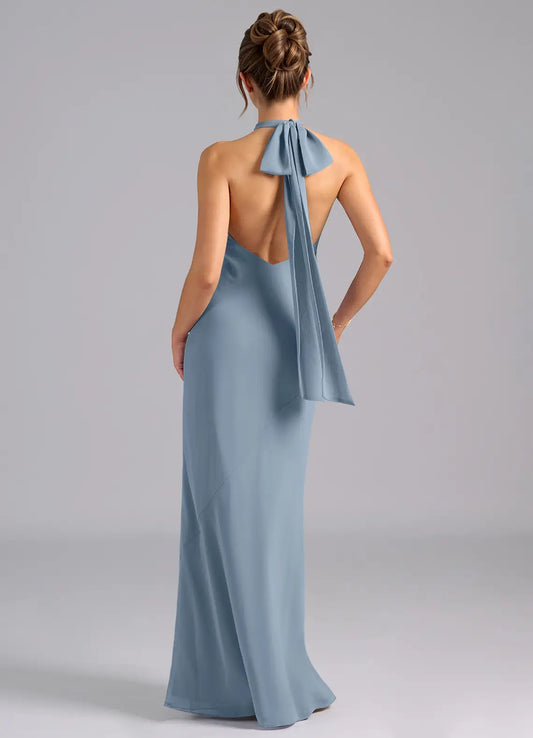 Blue Mermaid Halter Chiffon Floor-Length Wedding Dress - Yihuiw by Yihuiw