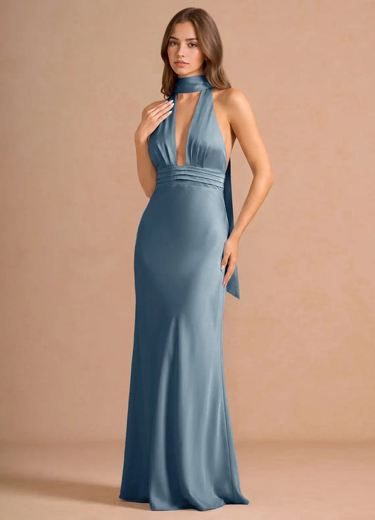 Blue Mermaid Halter Satin Open Back Floor-Length Wedding Dress - Yihuiw by Yihuiw