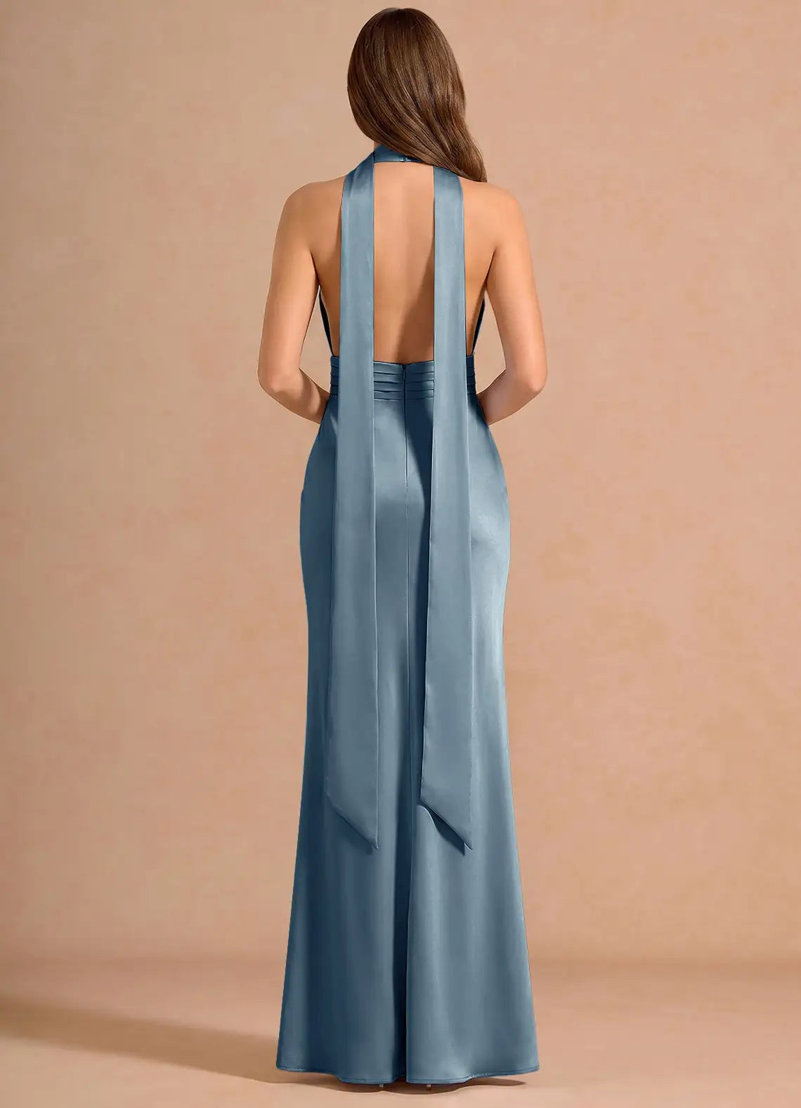 Blue Mermaid Halter Satin Open Back Floor-Length Wedding Dress - Yihuiw by Yihuiw