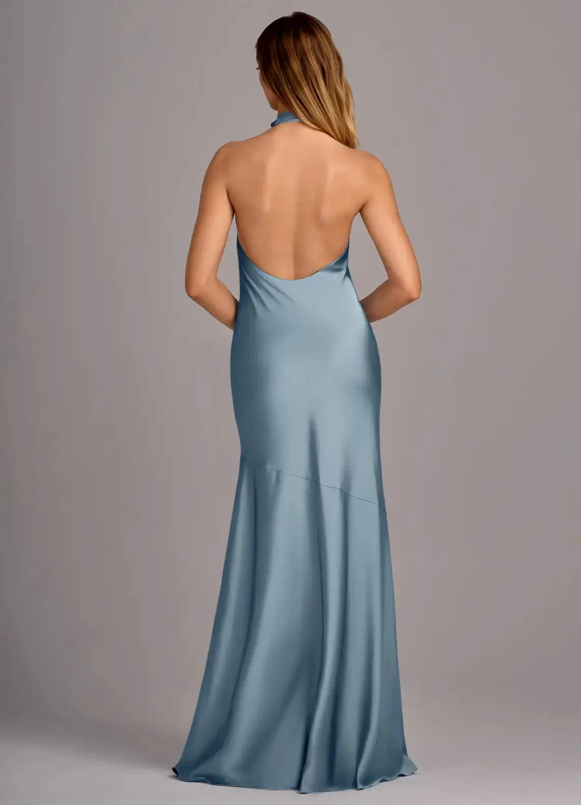 Dusty Blue Halter Neck Satin Maxi Dress with Side Slit Dusty Blue Mermaid Pleated Stretch Satin Dress Bridesmaid Dresses by YiHuiw