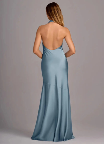 Dusty Blue Halter Neck Satin Maxi Dress with Side Slit Dusty Blue Mermaid Pleated Stretch Satin Dress Bridesmaid Dresses by YiHuiw