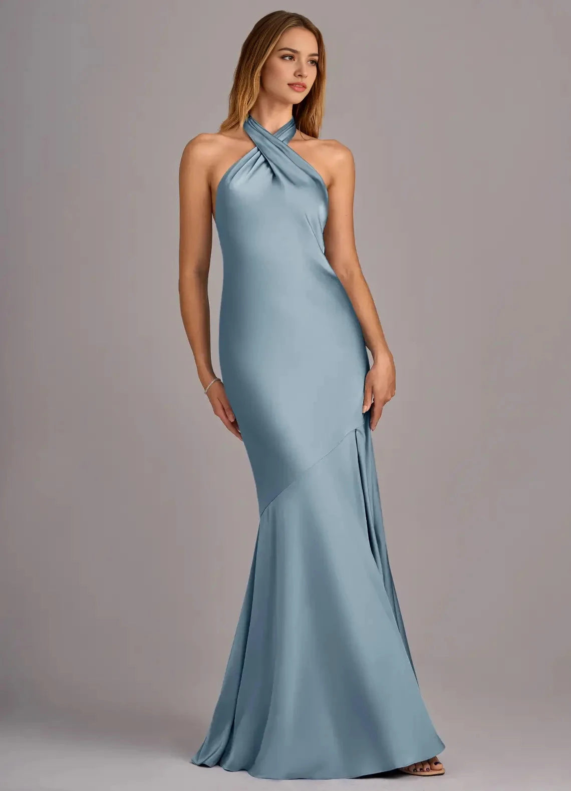 Dusty Blue Halter Neck Satin Maxi Dress with Side Slit Dusty Blue Mermaid Pleated Stretch Satin Dress Bridesmaid Dresses by YiHuiw