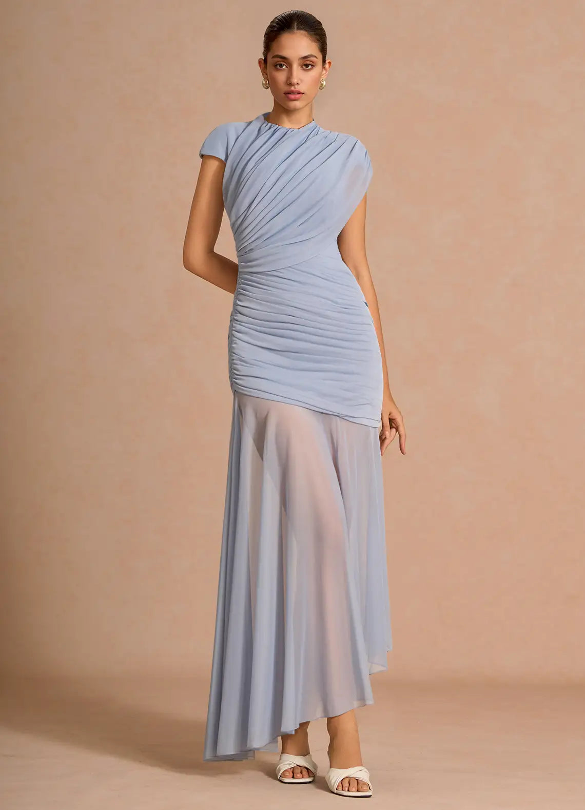 Blue High Neck Chiffon Cap Sleeve Asymmetric Floor-Length Wedding Dress - Yihuiw by Yihuiw