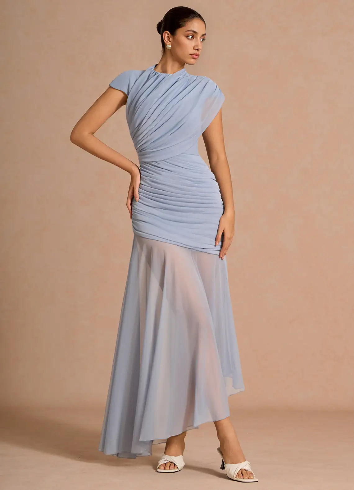 Blue High Neck Chiffon Cap Sleeve Asymmetric Floor-Length Wedding Dress - Yihuiw by Yihuiw