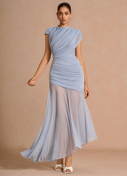 Blue High Neck Chiffon Cap Sleeve Asymmetric Floor-Length Wedding Dress - Yihuiw by Yihuiw