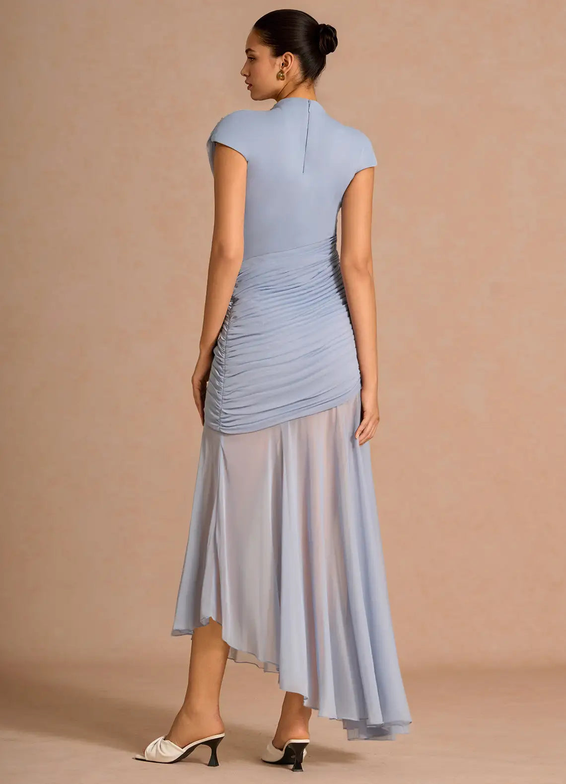 Blue High Neck Chiffon Cap Sleeve Asymmetric Floor-Length Wedding Dress - Yihuiw by Yihuiw