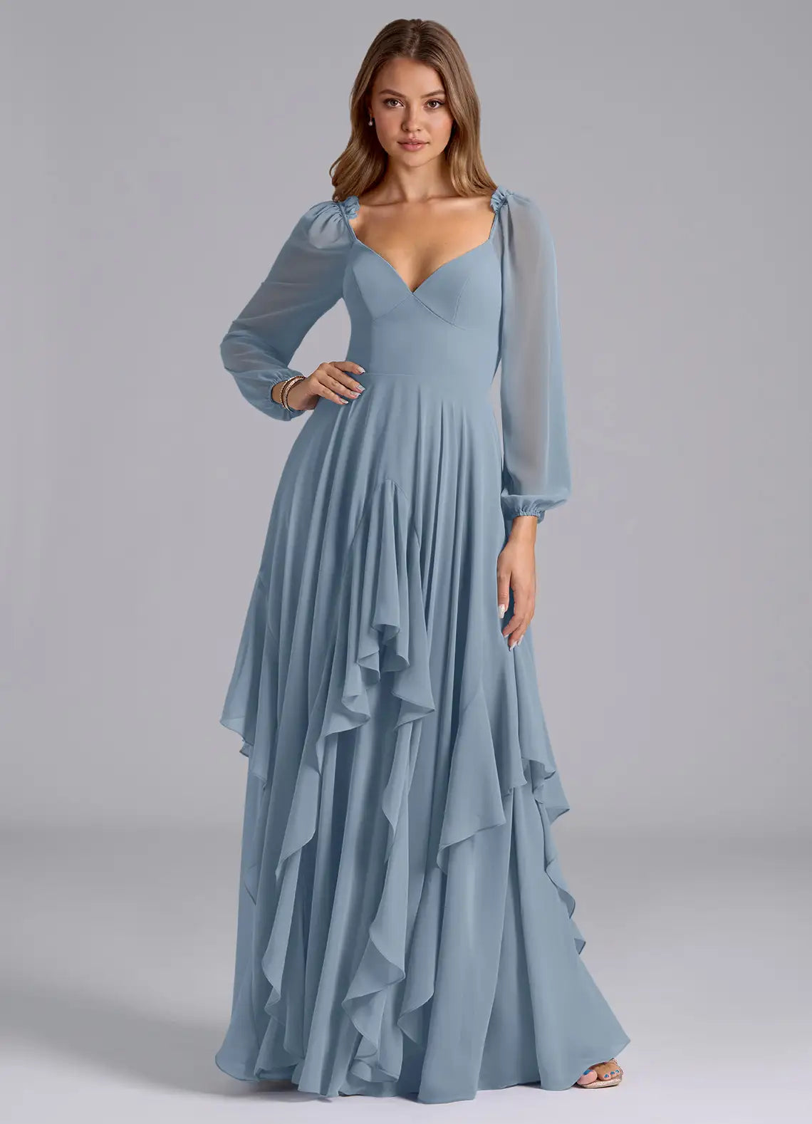 Blue A-Line Sweetheart Long Sleeve Ruffled Floor-Length Wedding Dress - Yihuiw by Yihuiw