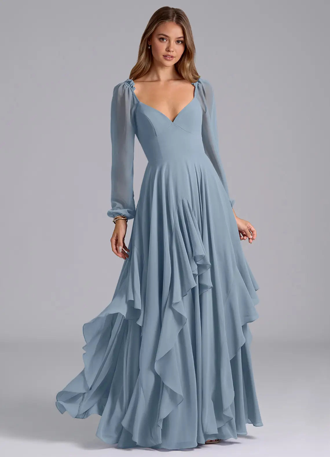 Blue A-Line Sweetheart Long Sleeve Ruffled Floor-Length Wedding Dress - Yihuiw by Yihuiw