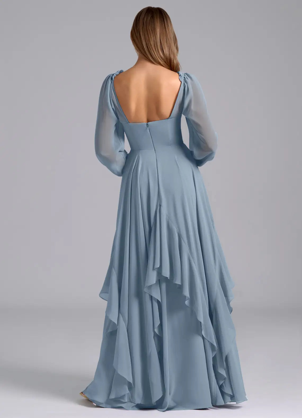 Blue A-Line Sweetheart Long Sleeve Ruffled Floor-Length Wedding Dress - Yihuiw by Yihuiw