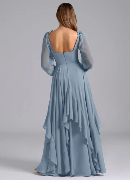 Blue A-Line Sweetheart Long Sleeve Ruffled Floor-Length Wedding Dress - Yihuiw by Yihuiw