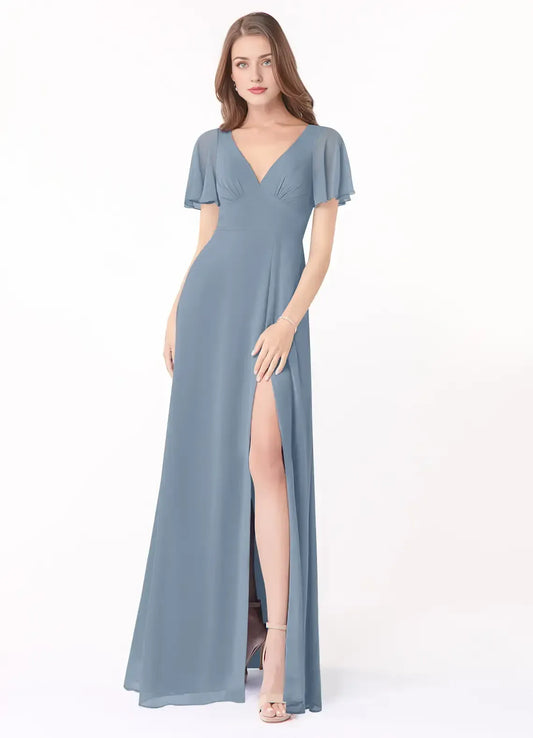 Blue A-Line V-Neck Chiffon Short Sleeve High Slit Floor-Length Wedding Dress - Yihuiw by Yihuiw
